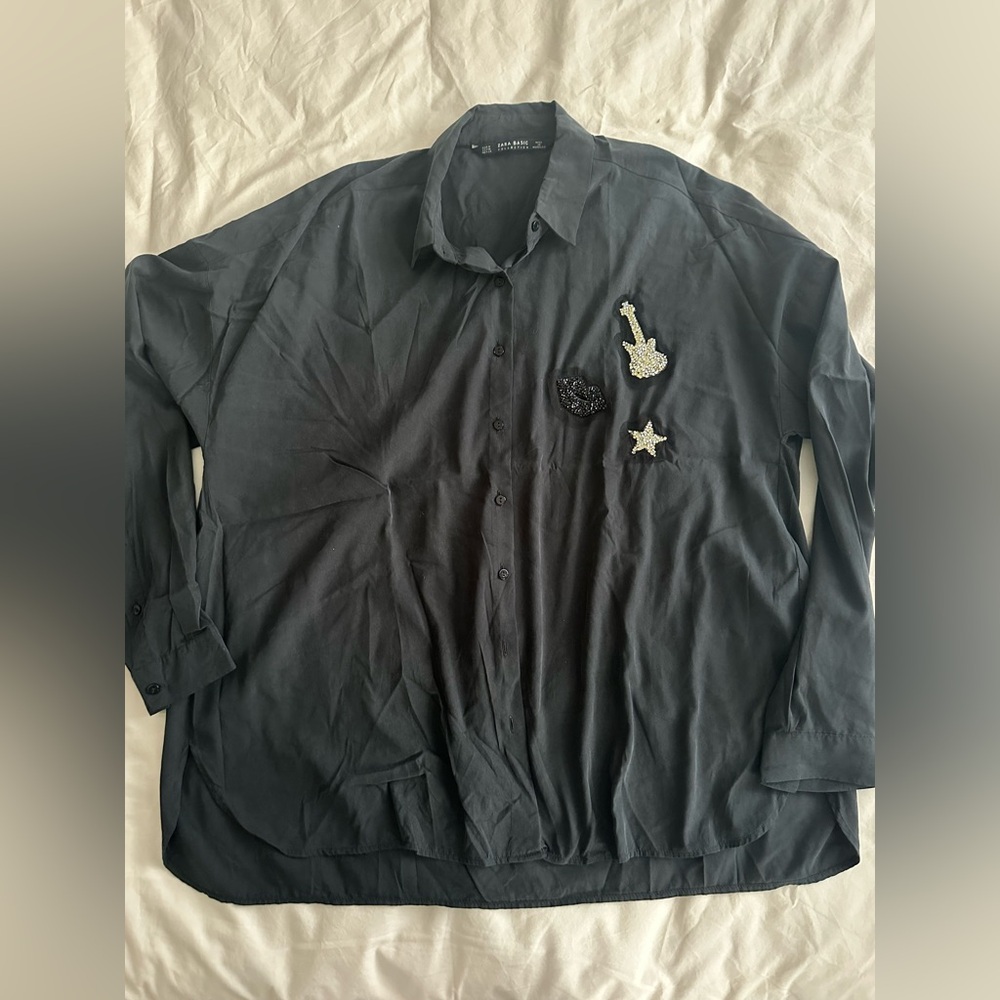 Zara Black oversized Button-Up Shirt with Sequin Patches